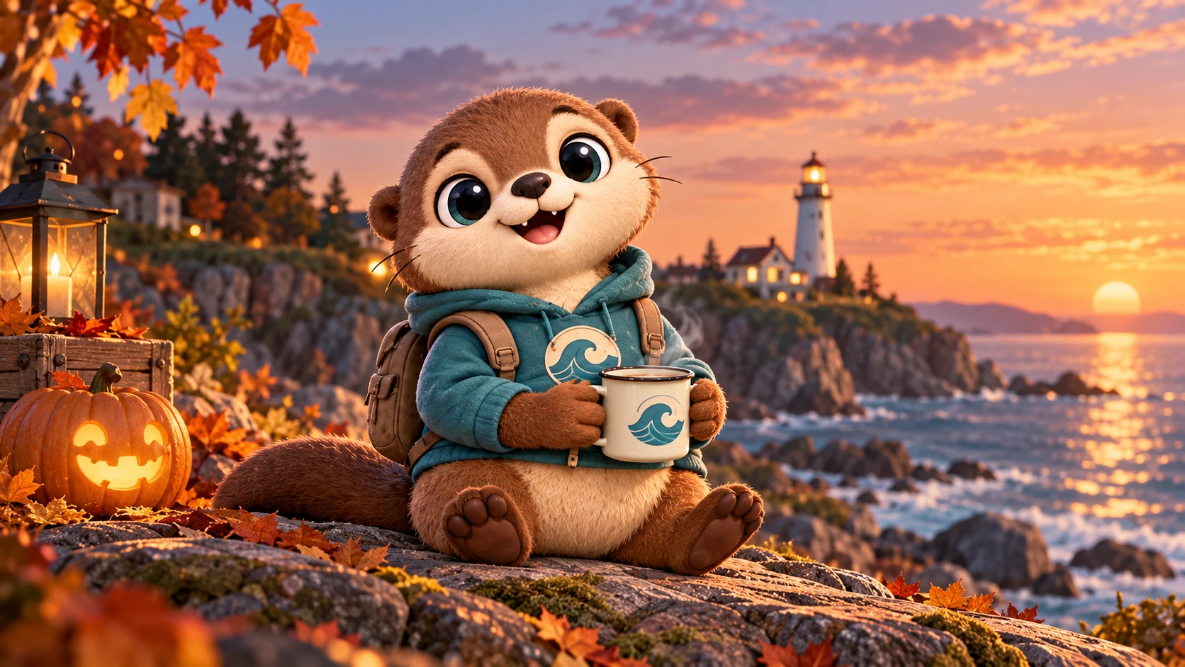Harbor, the Safety Cushion Buddy in a cozy autumn seaside scene