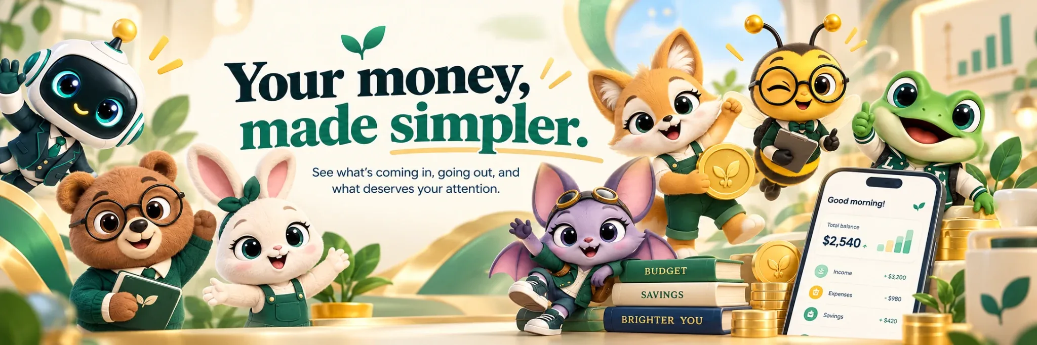 MoneyBuddy Sidekick Buddies with the message Your money, made simpler. See what's coming in, going out, and what deserves your attention.